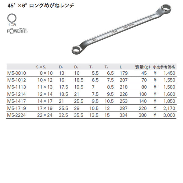 【ワケあり特価品】KTC M5-7P -003-230538 45°×6°ロングめがねレンチ 7本セット (M5-0810,1012,1113,1214,1417,1719,2224) エヒメマシンオリジナルセット