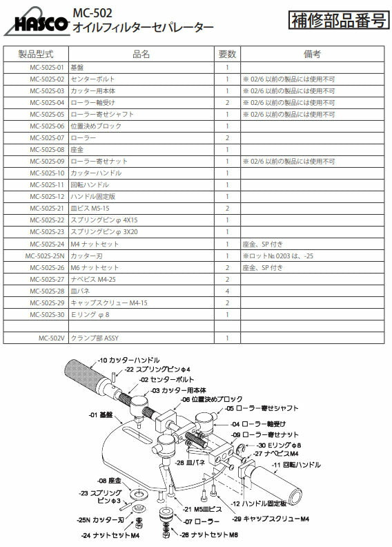 ハスコー ローラー オイルフィルターセパレーターMC-502用 補修部品 MC-502S-07 (4940995555535) HASCO
