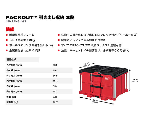 日本正規品 ミルウォーキー PACKOUT 引き出し収納 2段 (48-22-8442)(4573592050273) milwaukee