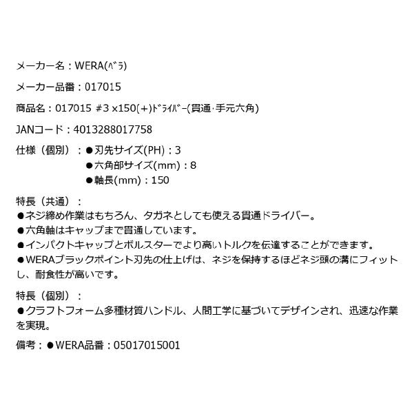 日本正規品 Wera 017015 917 SPH ネジノミ 貫通タイプ プラスドライバー 先端サイズPH 3 ネジ締め ハツリ タガネ 05017015001 ヴェラ ベラ