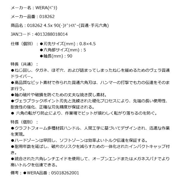 日本正規品 Wera 018262 932ネジノミ 貫通タイプ マイナスドライバー 先端サイズ0.8x4.5mm ネジ締め ハツリ タガネ 05018262001 ヴェラ ベラ