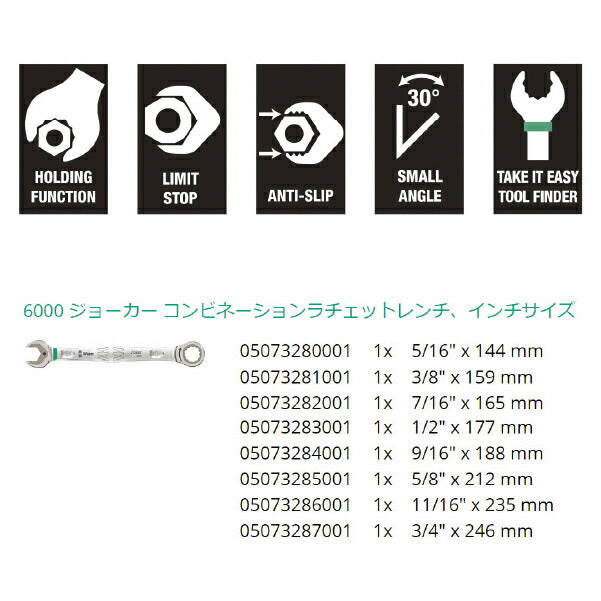 日本正規品 Wera 020012 6000 ジョーカー 進化系ギアレンチ インチサイズフルセット コンビネーションレンチラチェットレンチ 8本組 05020012001 ヴェラ ベラ