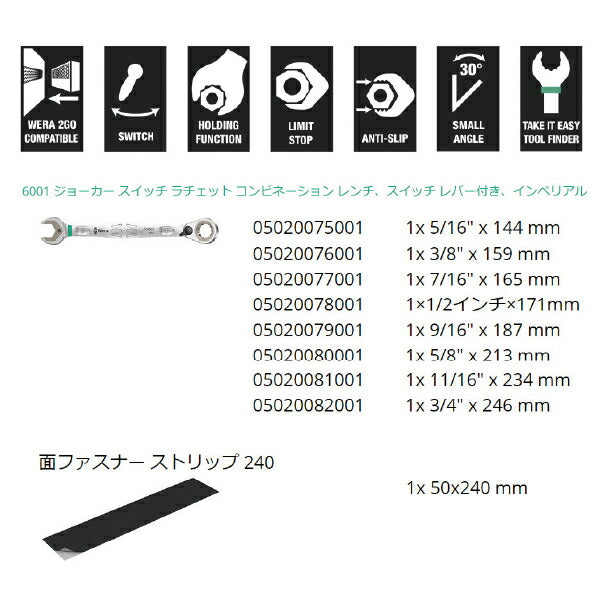 日本正規品 Wera 020093 6001 ジョーカー 進化系ギアレンチ インチサイズセット 角度付コンビネーションレンチラチェットレンチ 8本組 05020093001 ヴェラ ベラ