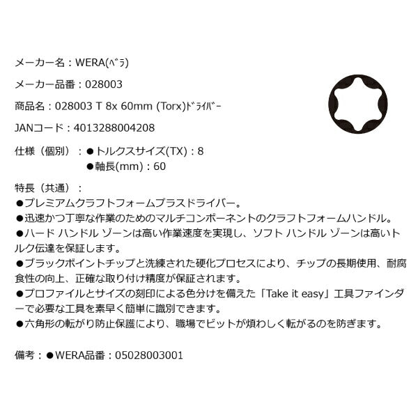 日本正規品 Wera 028003 367 TORX_ ドライバー トルクスドライバー 先端サイズTX8 05028003001 ヴェラ ベラ