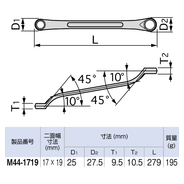 TONE 両口ロングメカニックめがねレンチ(45°×10°) 対辺寸法17×19mm 全長279mm (M44-1719)(4953488107678) トネ