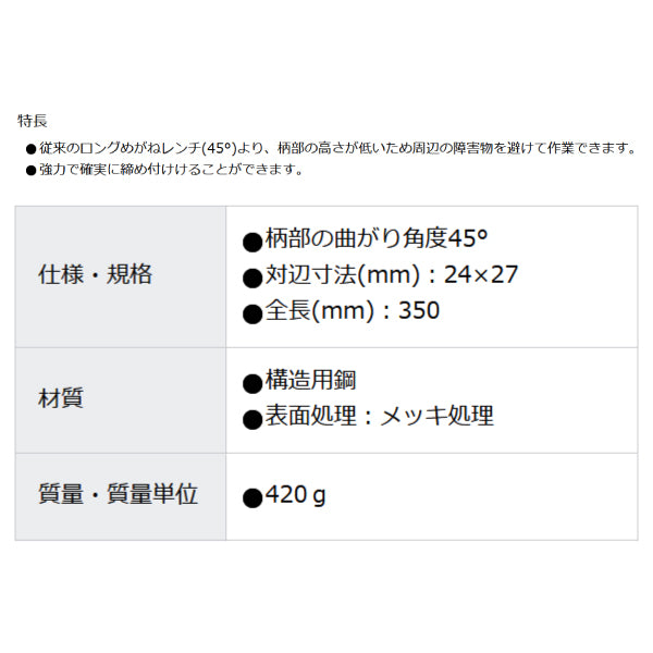 TONE 両口ロングメカニックめがねレンチ(45°×10°) 対辺寸法24×27mm 全長350mm (M44-2427)(4953488107661) トネ