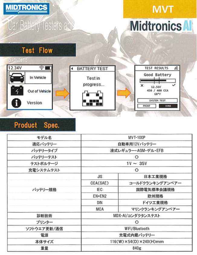ミドトロニクスAI内蔵バッテリーテスター プリンター内蔵 MVT-100P (4571154940635) MIDTRONICS 東洋エンタープライズ