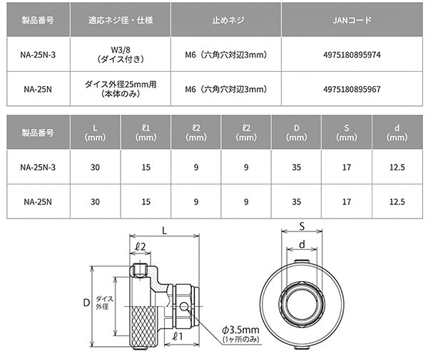 TOP ネジ修正アダプター(6角・12角兼用タイプ) W3/8(ダイス付き) NA-25N-3 ネジ山修正ダイス TOP工業 トップ