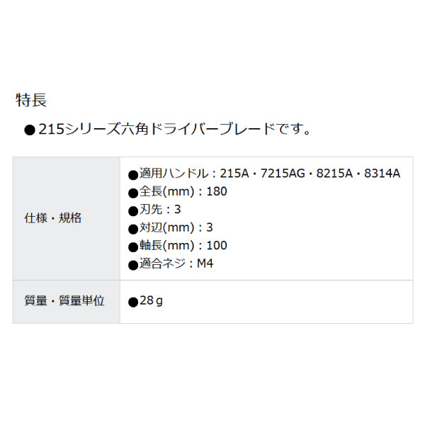 日本正規品 PBスイスツールズ 差替式ドライバーブレード(六角) 軸長100mm 全長180mm (215.D3)(7610733038763) PB SWISS TOOLS
