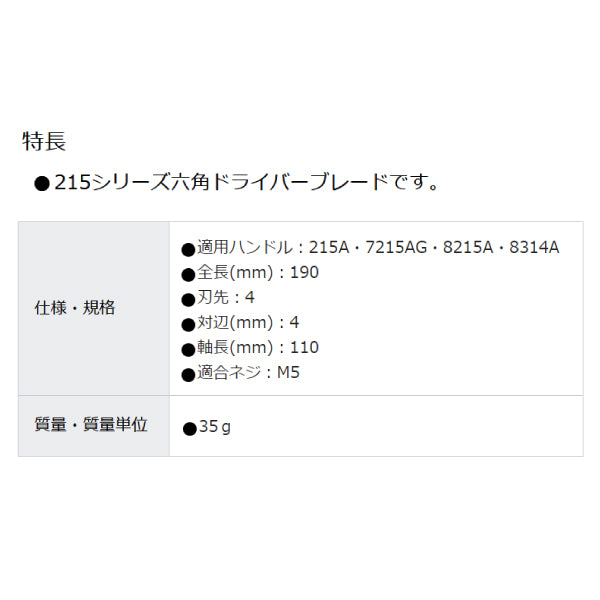 日本正規品 PBスイスツールズ 差替式ドライバーブレード(六角) 軸長110mm 全長190mm (215.D4)(7610733038770) PB SWISS TOOLS