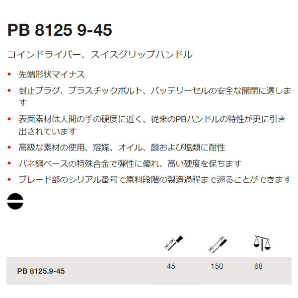 日本正規品 PBスイスツールズ スイスグリップ コインドライバー 軸長45mm 全長150mm (8125.9-45) (7610733258895) PB SWISS TOOLS