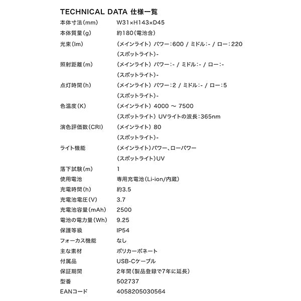 LEDLENSER W7R Work 502737 充電式 ワークライト 600lm レッドレンザー