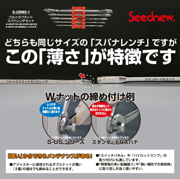 SEEDNEW シーズニュー ウルトラフラットスパナレンチセット(5本セット) S-USM5-1 超薄型スパナセット タペット調整・バイクチェーン調整ナットのダブルナットの締緩に