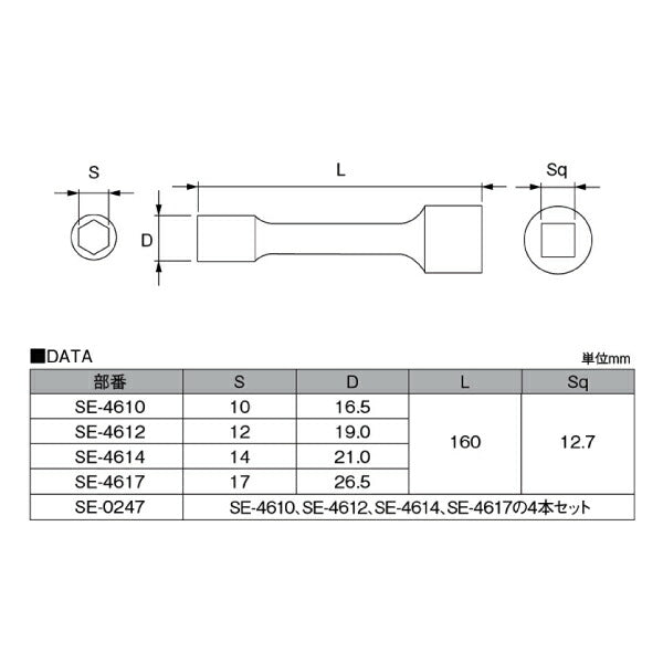 KOTO SE-4617 12.7sq.ソケットエクステンション 17mm インパクトレンチ対応 全長160mm 車両解体作業等に最適 江東産業