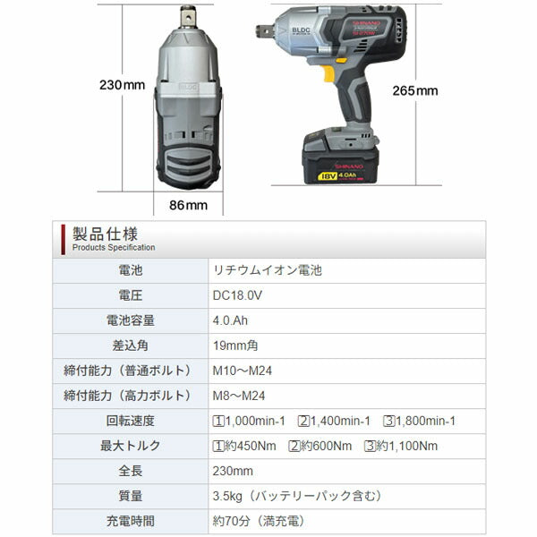 シナノ コードレスインパクトレンチ 18V 19sq バッテリー1個付 SI-270W-1 (4571165787243) SHINANO