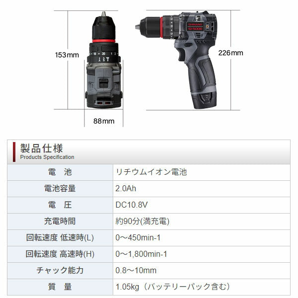 シナノ コードレスドライバードリル 10.8V バッテリー2個付 SI-500D (4571165787175) SHINANO