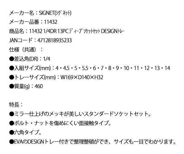 シグネット 1/4DR 13PC ディープソケットセット DESIGNトレー (11432)(4712818935233) SIGNET