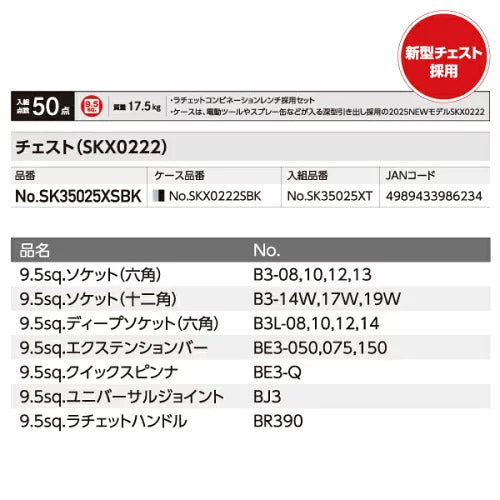 KTC SK35025XSBK 9.5sq. 工具セット 50点 京都機械工具 SKX0222SBK 深型引出し採用 2025NEWモデル シルバー×ブラック