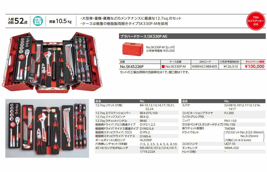 【特典付】 KTC SK45226P 12.7sq. 工具セット 52点 京都機械工具 SK330P-M採用 携行性に特化 大型車・重機・農機メンテナンス用 レッド 2026SK