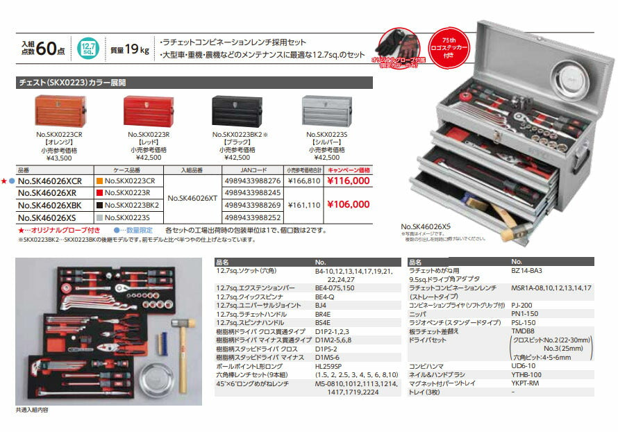 【特典付】 KTC SK46026XBK 12.7sq.工具セット 60点 京都機械工具 SKX0223BK2採用 大型車・重機・農機メンテナンス用 ブラック 2026SK