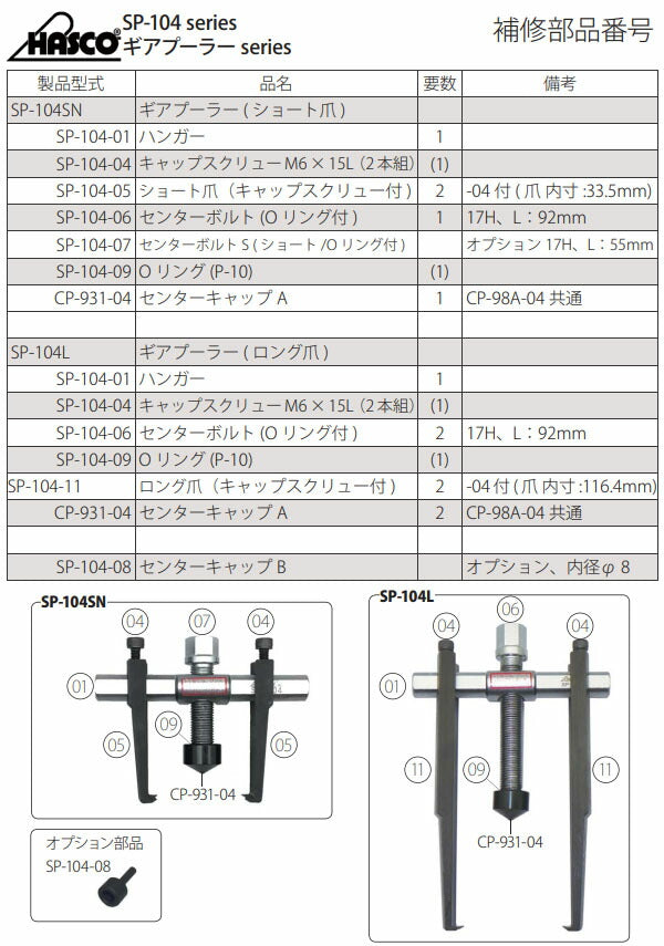 ハスコー ギアプーラー 極薄爪 ロングタイプ SP-104L 適合φ40~90 最大締付けトルク45N-m 爪先端厚み2mm HASCO