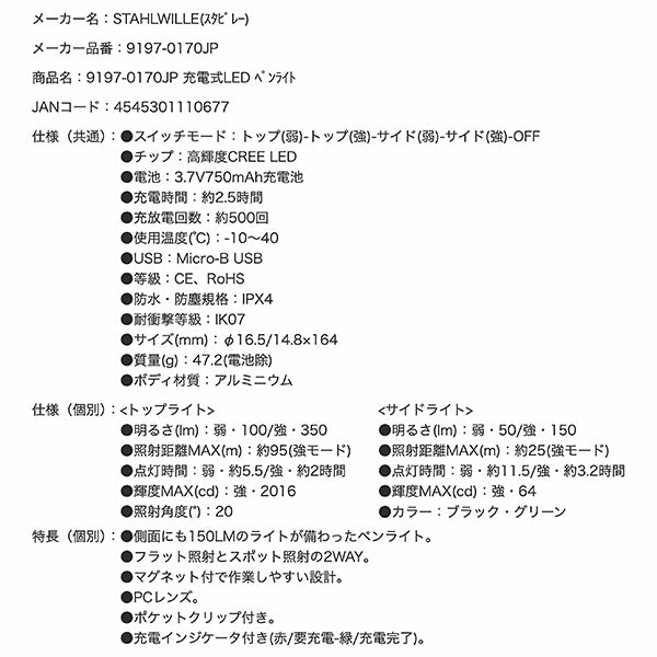 【ワケあり特価品】 (状態A) 日本正規品 スタビレー 充電式LED ペンライト (9197-0170JP) STAHLWILLE