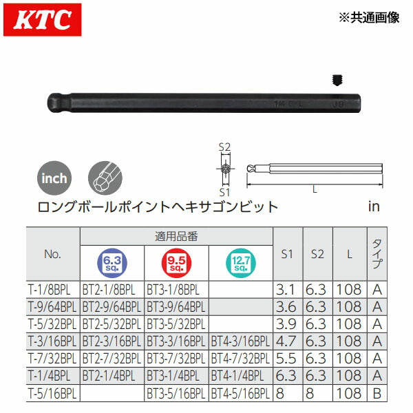 KTC ロングボールヘキサゴンビット用交換ビット (T-7/32BPL)(4989433827605) 京都機械工具