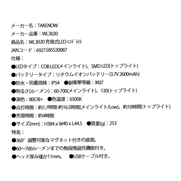 TAKENOW WL3020 充電式LED ハンドライト テイクナウ