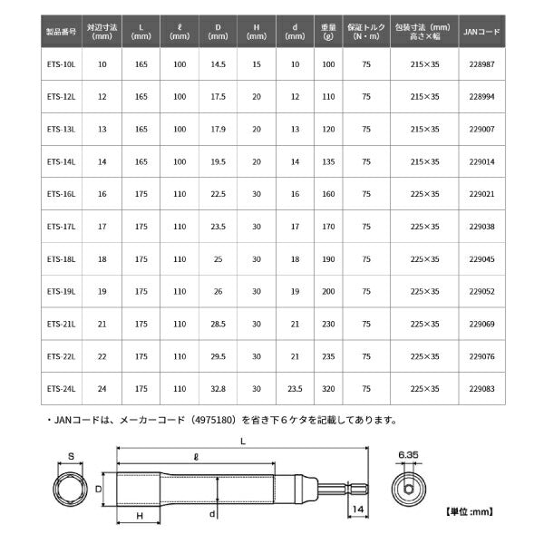 TOP 電動ドリル用強軸ソケットロングタイプ(40V対応) ETS-16L サイズ16mm 六角シャンク6.35mm トップ工業 耐久性5倍以上