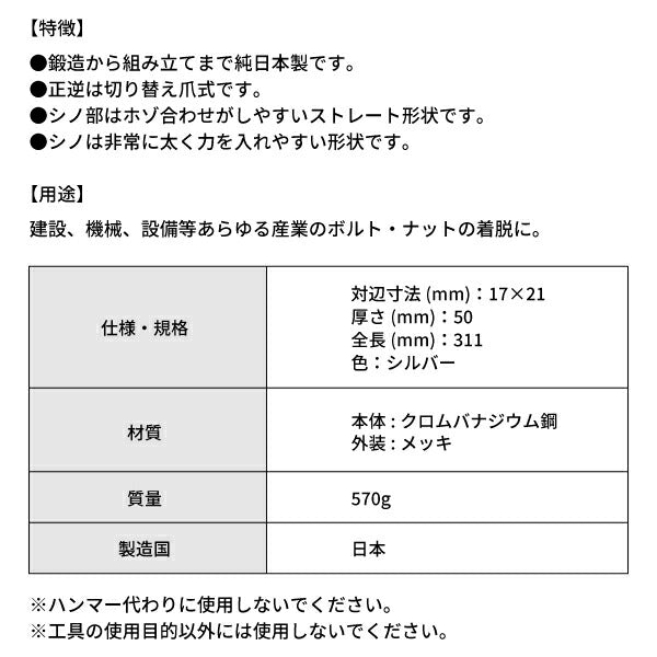 TOP タフガチャ 輝 KRMS-17×21 曲げ強度4倍の極厚シノレンチ 新潟三条 職人手作業総磨き 日本製 シノラチェットレンチ トップ工業