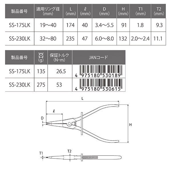 TOP SS-175LK ロック式スナップリングプライヤー 軸用 直爪 175mm 使用範囲19~40mm トップ工業 TOP工業