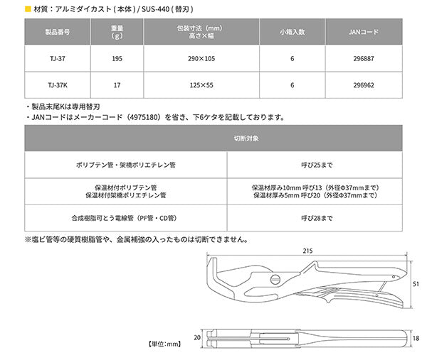 TOP 樹脂パイプカッター V刃 TJ-37 パイプをつぶさずキレイに一発切り 腰袋に入るスリムタイプ トップ工業 TOP工業
