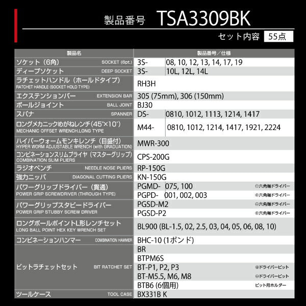 TONE 整備用工具セット ツールセット 差込角9.5mm 56点セット マットブラック (TSA3309BK)(4953488265286) トネ