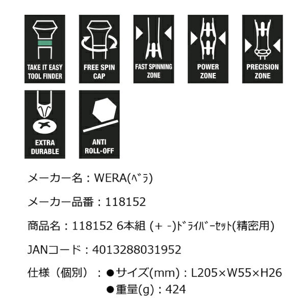 日本正規品 Wera 118152 2035/6B 精密ドライバーセット6本組 ラック付き プラスドライバー マイナスドライバー 05118152001 ヴェラ ベラ