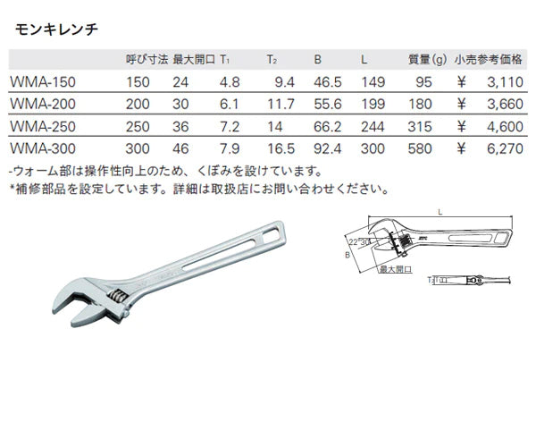 KTC WMA-200 モンキーレンチ ( モンキレンチ ) 全長199mm 京都機械工具