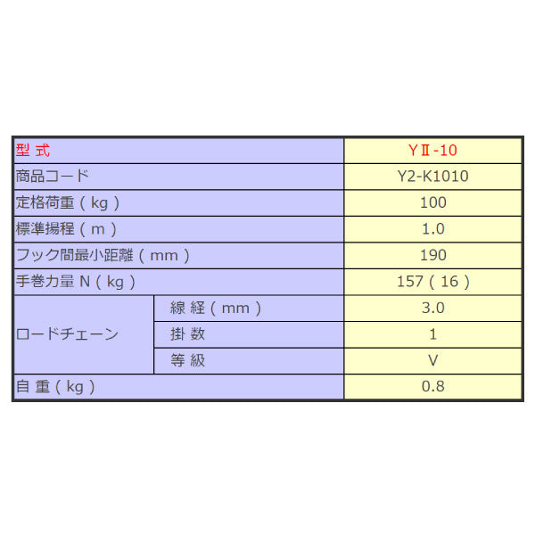 象印 Y2チェーンレバーホイスト 100kg Y2-K1010 荷重0.1t 揚程1m 象印チェンブロック JIS規格品(JIS B 8819)