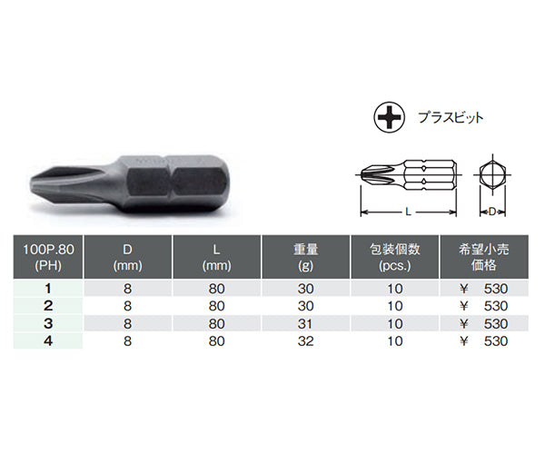 コーケン プラスビット 単品 100P.80-3 (5/16 H) #3 全長80mm 100P-80-3 Ko-ken 工具