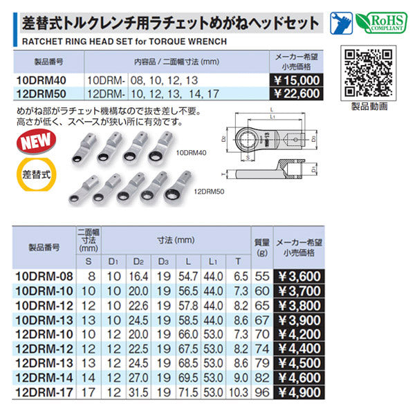 TONE トルクレンチ用交換ヘッド 差替式トルクレンチ用ラチェットめがねヘッド 全長71.8mm (12DRM-17)(4953488405125) トネ