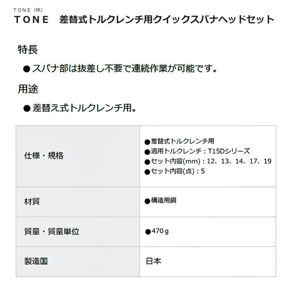 TONE 差替式トルクレンチ用交換クイックスパナヘッドセット T15Dシリーズ 5点セット (15DRSQ50)(4953488437249) トネ