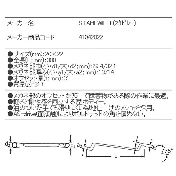 日本正規品 スタビレー メガネレンチ 75゜ (20-20X22)(4018754021017) STAHLWILLE