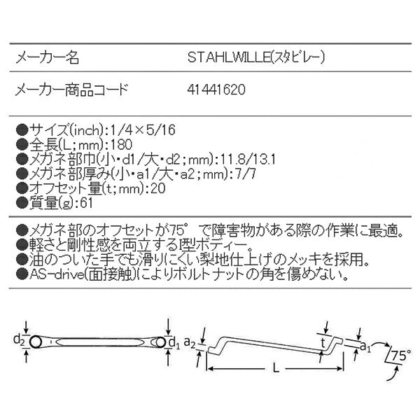 日本正規品 スタビレー メガネレンチ 75゜ (20A-1/4X5/16)(4018754022410) STAHLWILLE