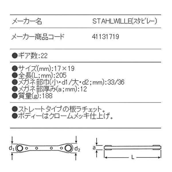 日本正規品 スタビレー 板ラチェットメガネ (25-17X19)(4018754022182) STAHLWILLE