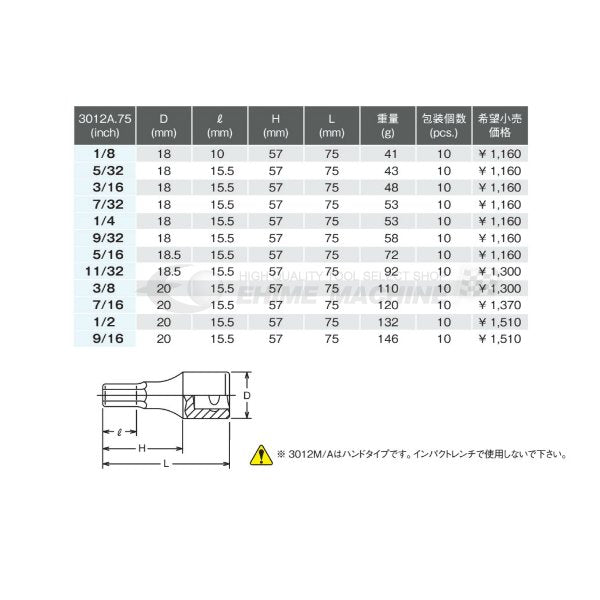 コーケン 3012A-75-7/32 9.5sq. ハンドソケット ヘックスビットソケット Ko-ken 工具