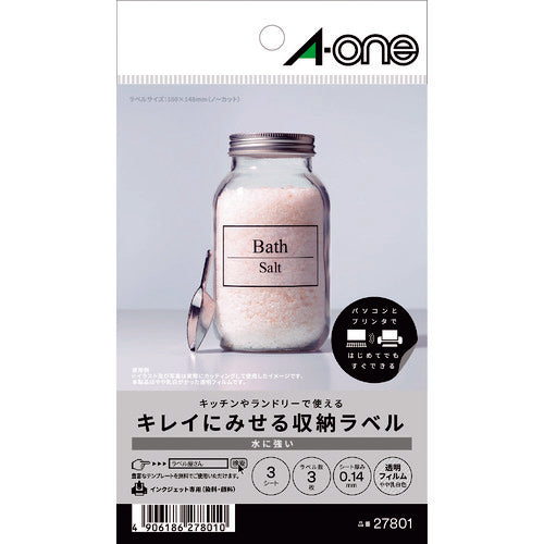 3M エーワン キレイにみせる収納ラベル インクジェット 透明フィルム A6 1面 1袋(3シート入) 27801 スリーエム