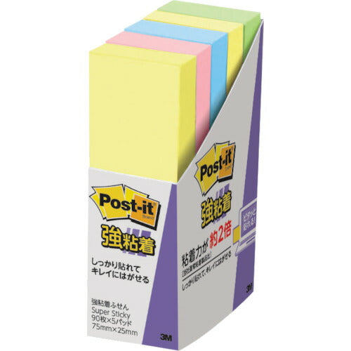 3M ポスト・イット 強粘着 75X25mm 90枚X5パッド 4色混色 500-5SSAP スリーエム