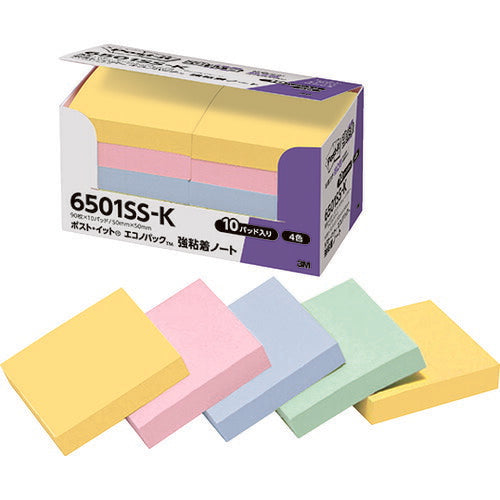 3M ポスト・イット 強粘着 50X50mm 90枚X10パッド 4色混色 6501SS-K スリーエム