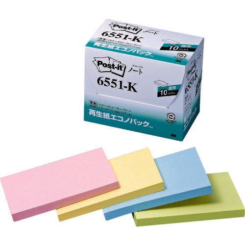 3M ポスト・イット 75X127mm 100枚X10パッド 4色混色 6551-K スリーエム