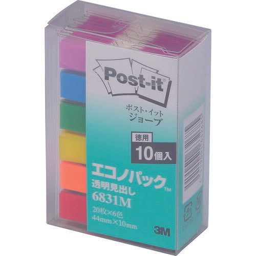 3M ポスト・イット ジョーブ透明見出し エコノパック 44X10mm 120枚X10パッド 6色混色 6831M スリーエム