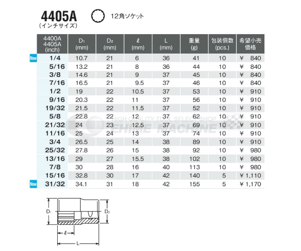 コーケン 4405A-1/4 インチサイズ 12.7sq. ハンドソケット 12角ソケット Ko-ken 工具