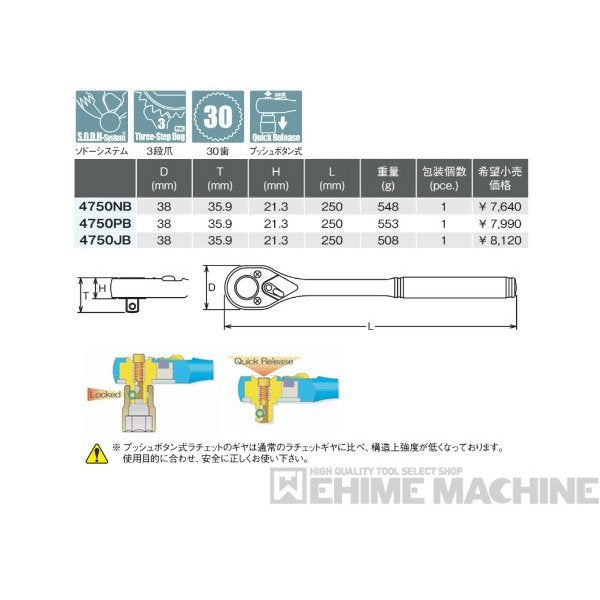 コーケン 4750JB 12.7sq. ハンドソケット プッシュボタン式ラチェットハンドル Ko-ken 工具